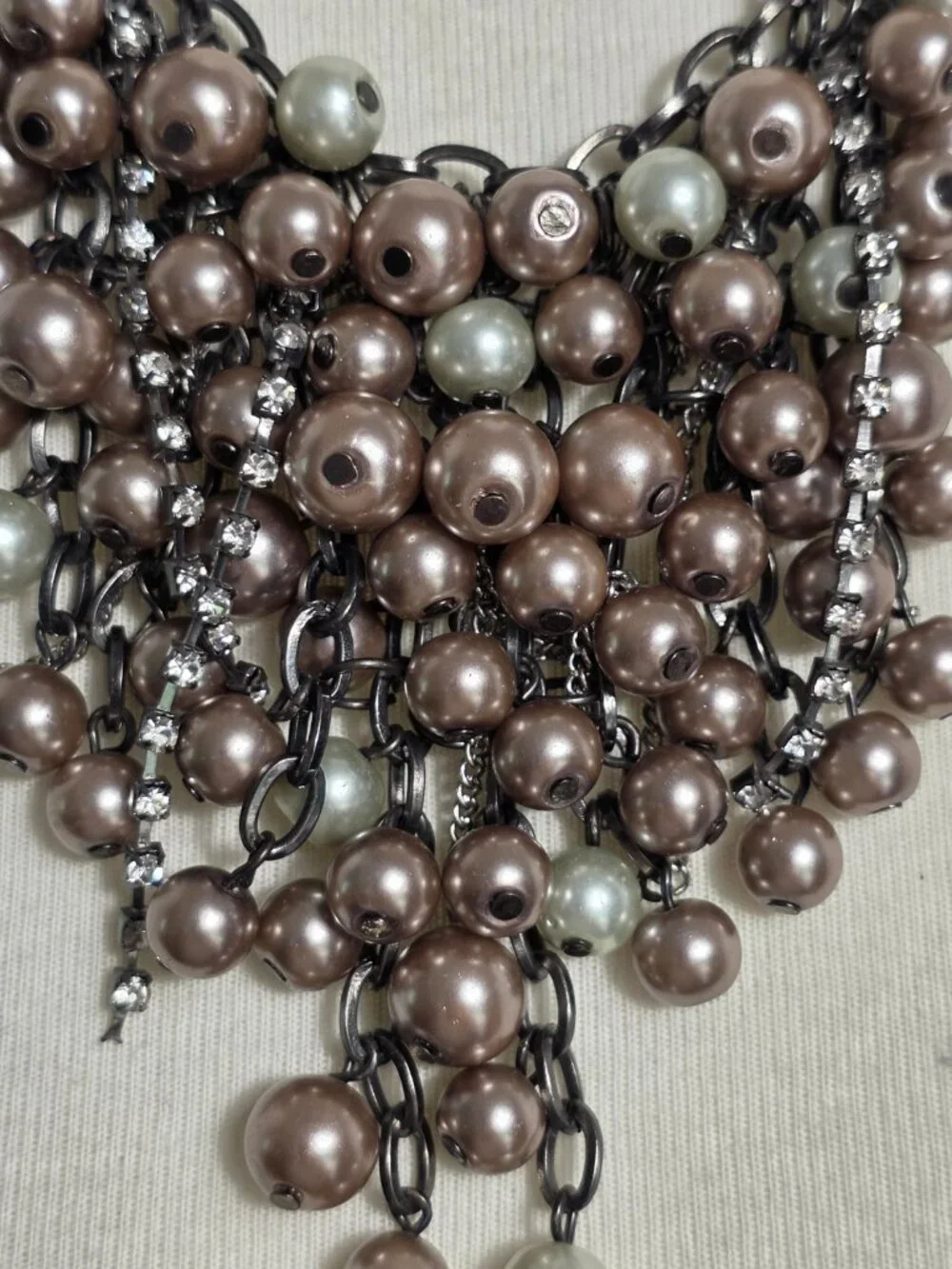 Simply Vera Wang Pearl Bead Bib Necklace Taupe & Gray with Rhinestone Drops